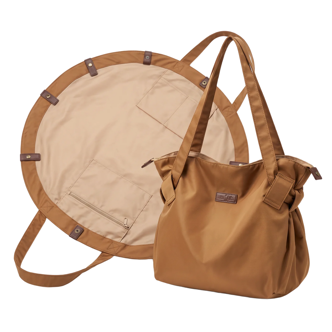 Bolsa de la compra circular en color caramelo, abierta en círculo y cerrada en bolso
