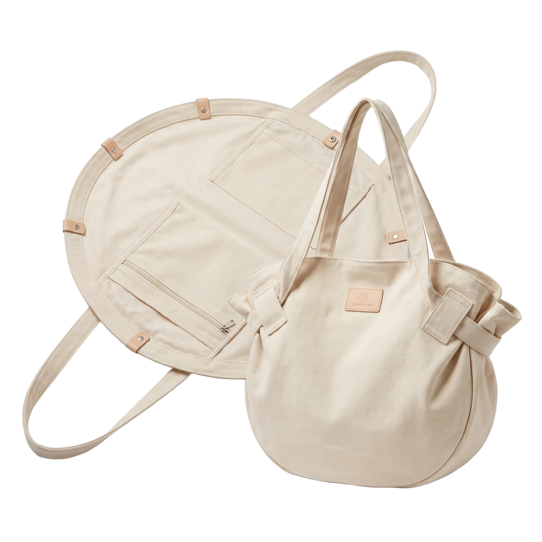 Bolsa de la compra circular en color ecru, en sus dos estados