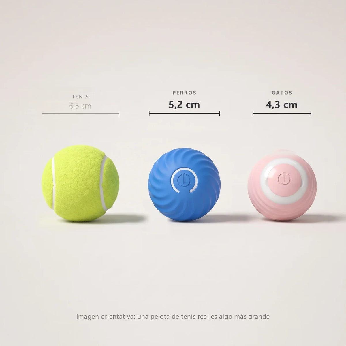 Pelota inteligente que rueda sola para perros y gatos, con USB-C, guía de tallas